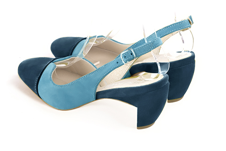 Peacock blue women's slingback shoes. Round toe. Medium comma heels. Rear view - Florence KOOIJMAN